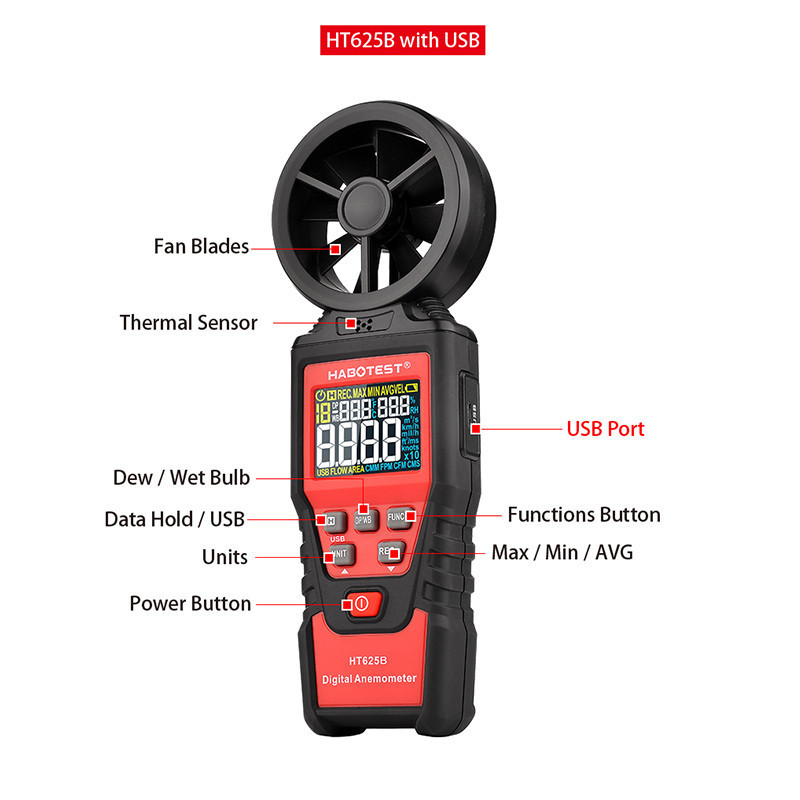 HABOTEST HT625B Digital Anemometer Wind Speed Measurement With USB LCD Display MAX Air Humidity Temperature Test 99% 60C HABOTEST HT625B Digital Anemometer Wind Speed Measurement With USB LCD Display MAX Air Humidity Temperature Test 99% 60C