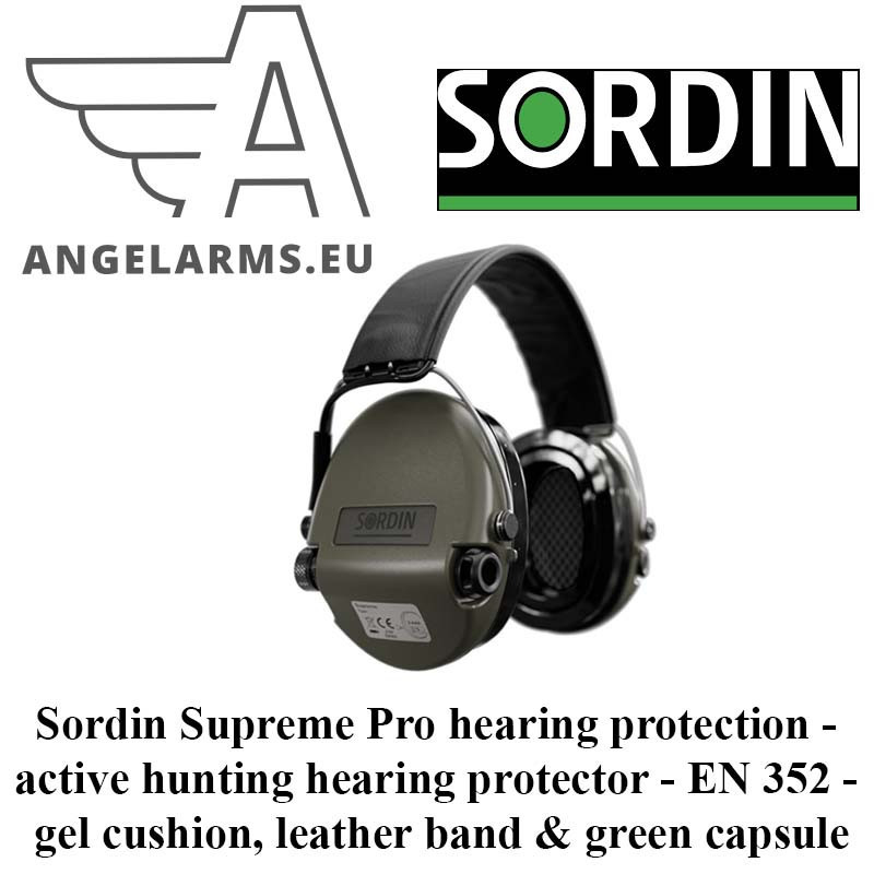 Sordin Supreme Pro hearing protection - active hunting hearing protector - EN 352 - gel cushion, leather band & green capsule Sordin Supreme Pro hearing protection - active hunting hearing protector - EN 352 - gel cushion, leather band & green capsule