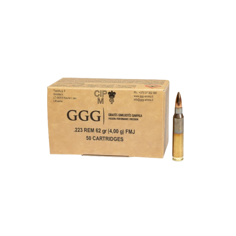 GGG Ammo .223REM, 62 grain (4.0 gram) FMJ bullet GGG Ammo .223REM, 62 grain (4.0 gram) FMJ bullet