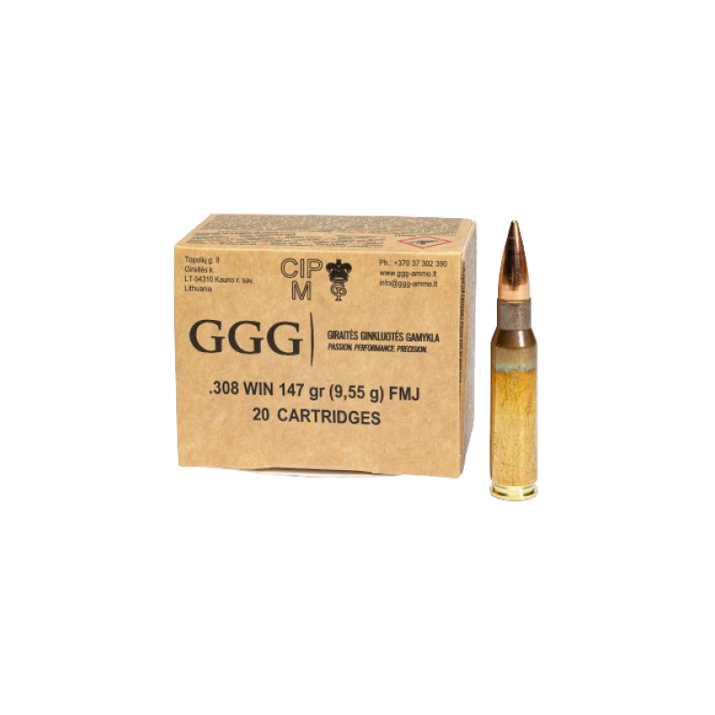 GGG Ammo .308 WIN, 147 grain (9.6 gram) FMJ bullet GGG Ammo .308 WIN, 147 grain (9.6 gram) FMJ bullet