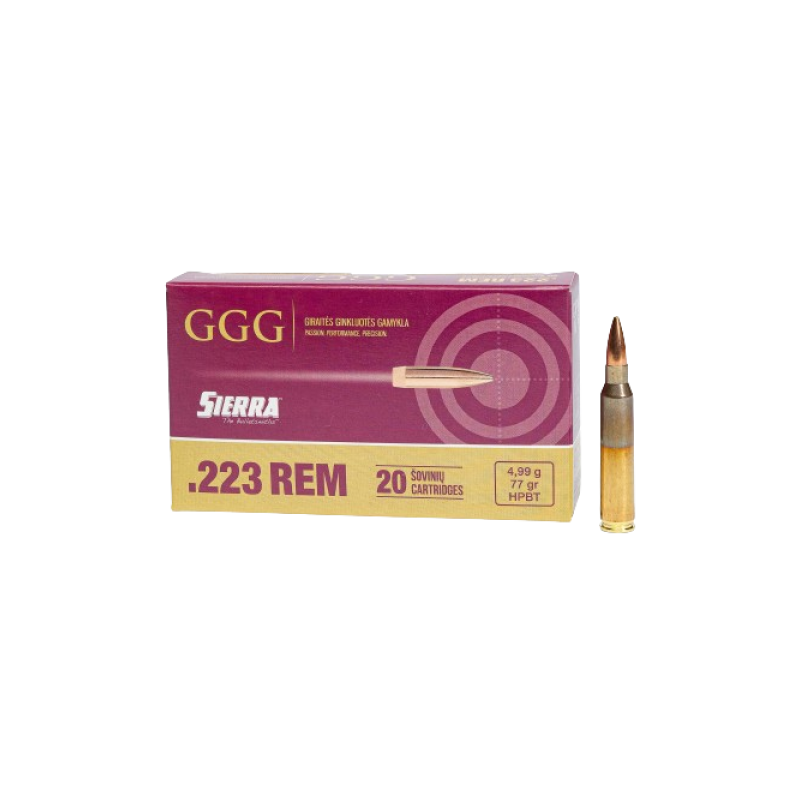 GGG Ammo .223 REM, 77 grain (5.0 gram) HPBT Sierra MatchKing bullet GGG Ammo .223 REM, 77 grain (5.0 gram) HPBT Sierra MatchKing bullet