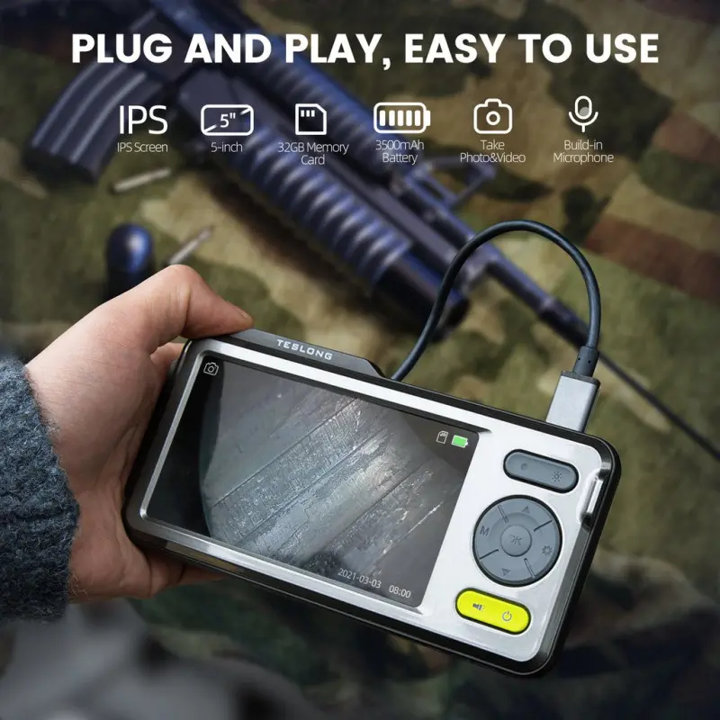 Teslong NTG500 114 cm / 45-Inch Flexible Rifle Borescope with 5-inch IPS Screen + 5 different size mirrors